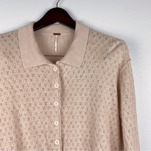 Free People Betty Button Down Tie-Front Pointelle Collared Sweater Size L - Picture 4 of 10